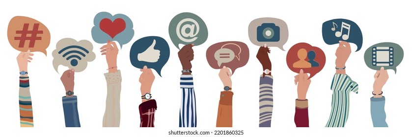 Group hands up of diverse culture of people holding speech bubble with social media signs and symbols. Concept sharing friendship exchange community communication on social media. Isolated