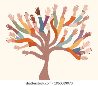 Group of hands of diverse and multi-ethnic people.Tree with branches made of human hands and arms.Community concept - racial equality - cooperation - friendship.Diversity people teamwork