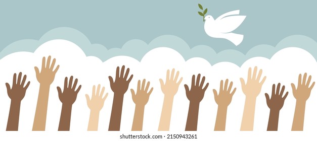 Group of hands and a dove of peace. Horizontal poster. Vector illustration.