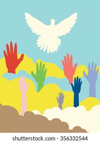 Group of hands and dove silhouette, flat illustration.