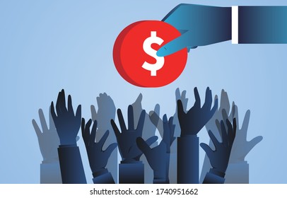 A group of hands fighting for a huge hand holding gold coins