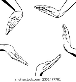 Group of hands forming a circle simple black and white illustration. Hands. Human hand. Palm hand. Teamwork. Five hand.  Cooperation symbol.