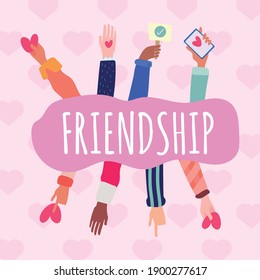 group of hands friendship lettering drawn style icon vector illustration design