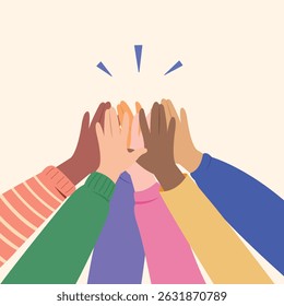 Group of hands giving high five, concept for success, teamwork and friendship.