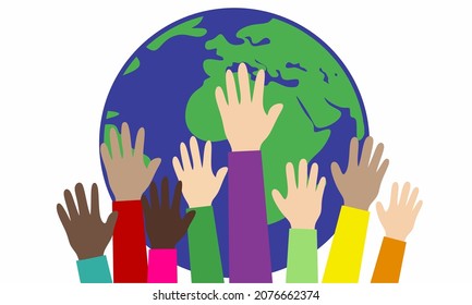Group of hands with globe.  world people.  cultural and ethnic diversity.  concept illustration and vector