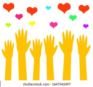Group of hands and hearts on a white background. Vector illustration.