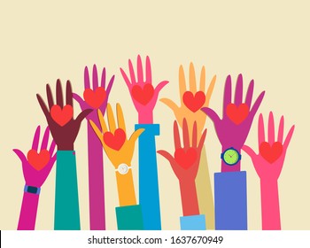 group of hands with hearts raised to the sky, multi colored hands open up to the top. Volunteering hands, participation of multiracial people. Modern flat vector illustration.