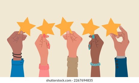 Group of hands holding a five stars rating. Concept of customers review and positive feedback. Hand drawn vector illustration isolated on light background. Modern flat cartoon style.