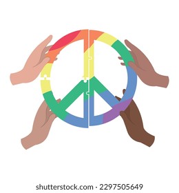 Group of hands holding a lgbt pride peace symbol Vector