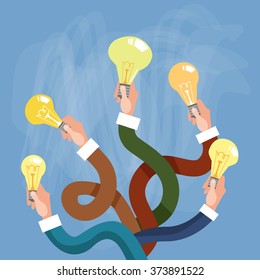 Group Hands Holding Light Electric Bulb New Idea Concept Flat Vector Illustration