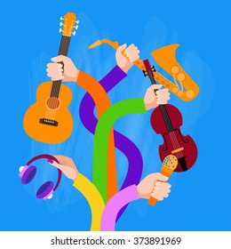 Group Hands Holding Musical Instruments Flat Vector Illustration