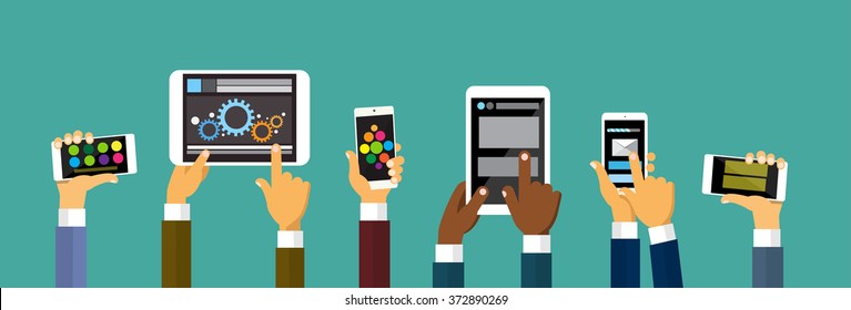 Group Hands Holding Smart Cell Phone Tablet Computer, Technology Concept Flat Vector Illustration