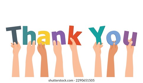 Group of hands holding thank you colorful letter words 