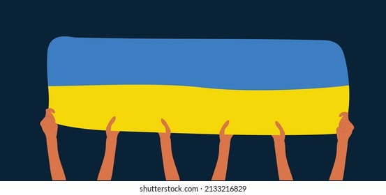 Group of hands holding an Ukraine flag. 