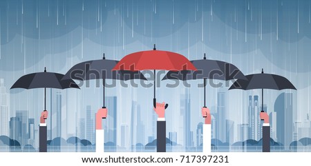 Group Of Hands Holding Umbrellas Over Storm In City Huge Rain Background Hurricane Tornado In Town Natural Disaster Concept Vector Illustration