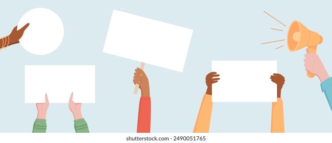 A group of hands holds blank signs and banners at a election rally. People wave template placards, showing support to political campaign. The crowd, men and women, stands in solidarity of the politics