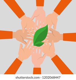 group of hands with leaf plant