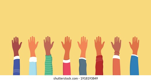 Group hands on top of each other of diverse people.Concept of teamwork community and cooperation.Diverse culture.Copy space.Vector illustration