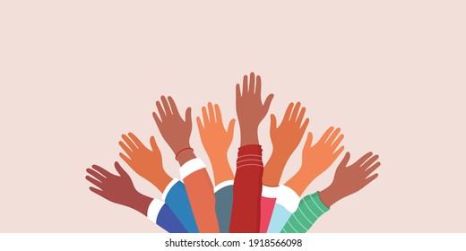 Group hands on top of each other of diverse people.Concept of teamwork community and cooperation.Diverse culture.Copy space.Vector illustration