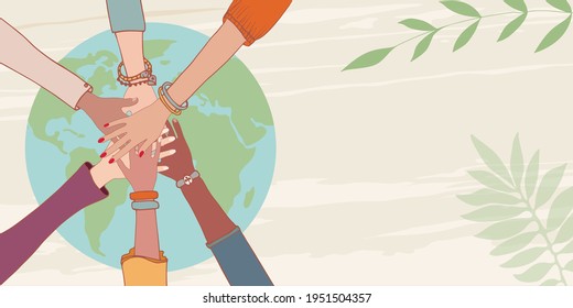 Group of hands on top of each other of people of diverse culture and multiethnic over a earth globe.Financial fund for the environment and clean energy.Growth.Cooperation concept