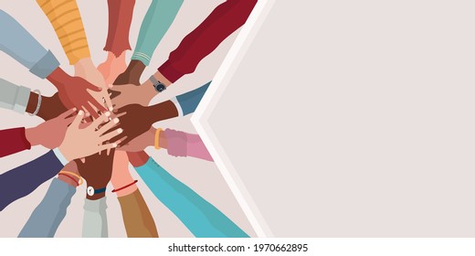 Group hands on top of each other of diverse multi-ethnic and multicultural people. Agreement or affair between a group of colleagues or collaborators. Teamwork community. Copy space banner