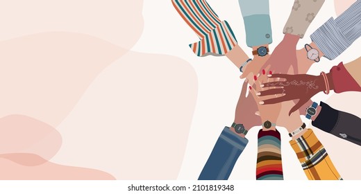 Group hands on top of each other of diverse multi-ethnic and multicultural people.Diversity people. Racial equality. Concept of teamwork community and cooperation.Diverse culture.Oneness