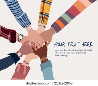 Group of hands on top of each other in a circle of diverse multi-ethnic and multicultural people.Community team partnership concept.People of different races and cultures.Racial equality