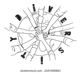 Group of hands on top of each other, diverse multiethnic joined hands, vector line art