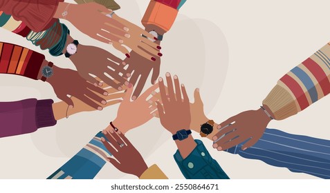 Group hands on top of each other of multicultural people. Community teamwork cooperation or ethnicity concept. Equality diversity inclusion. Diverse culture. Agreement between colleagues