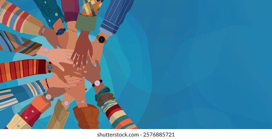 Group hands on top of each other of multicultural people. Community teamwork cooperation or ethnicity concept. Diverse culture.Diversity Equality Inclusion. Agreement between colleagues