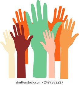 A group of hands are raised in a circle, with some hands being green and others being orange. Concept of unity and togetherness