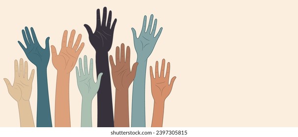 Group hands raised of diverse multicultural people.People diversity. Teamwork community or cooperation concept.Diverse culture.Racial equality.Oneness.Volunteer. Social inclusion.NGO. Aid