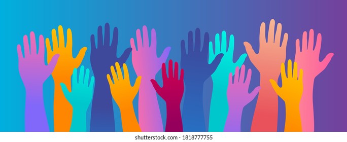 grupo de manos alzadas al cielo, manos multicolores abiertas hacia arriba. Manos de voluntariado, participación de personas multirraciales.  ilustración vectorial..