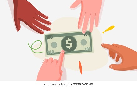 A group of hands reach for money. Modern flat style. Isolated on white background. Vector illustration