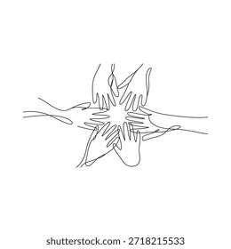 Un grupo de manos que alcanzan un punto central en un dibujo de línea minimalista