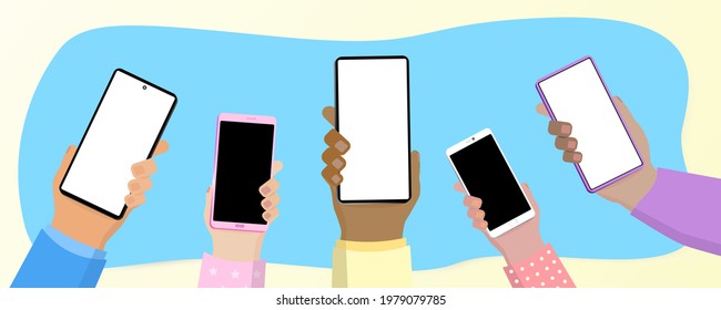 Group of hands show mobile phone smartphone with white or black blank on phone screen using for online marketing ecommerce advertisement technology or communication internet activity display concept