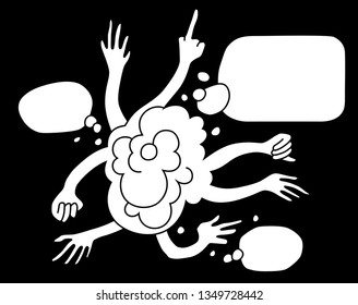 Group of Hands and Speech Bubbles. Argue Battle cartoon comic vector illustration. Hands in the cloud concept debates, discussions, opinions.