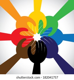 group of hands taking pledge, promise or vow - concept vector icon. This graphic in circle also represents unity, solidarity, teamwork, commitment, people friendship