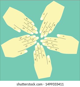 Group of Hands Together Joining Concept, hand stacked together one by one in unity and teamwork, Many hands connecting isolate on blue background.