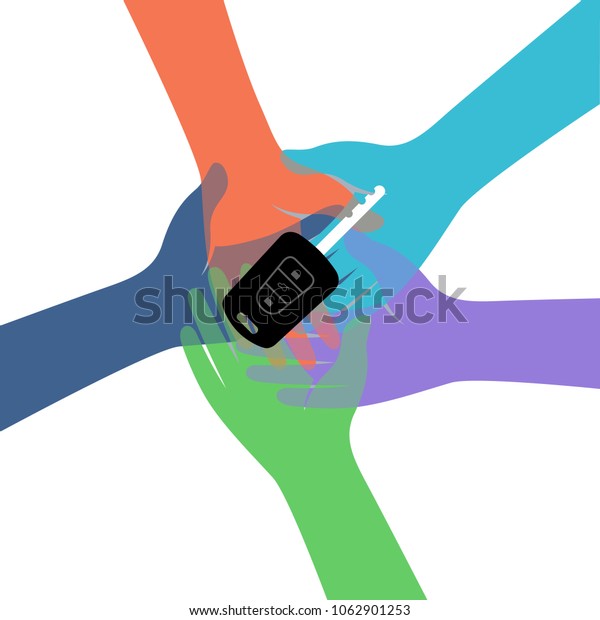 Group of hands and a vehicle key. Car\
sharing concept. Vector illustration.\

