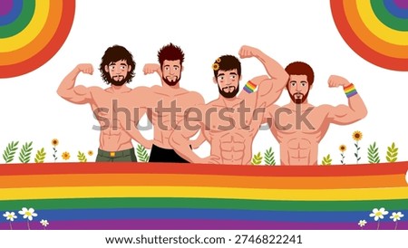 Group of handsome athletic friends showing muscles behind colorful pride month banner