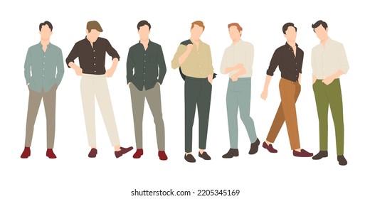 grupo de hombre apuesto que posa con un estilo casual. ilustración de diseño plano para personas