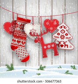 Group of hanging christmas decorations in scandinavian style in front of white wooden wall, includes hearts, deer, tree and santa's stocking, vector illustration, eps 10 with transparency and gradient