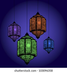 Group of hanging ramadan lamps. Vector image.