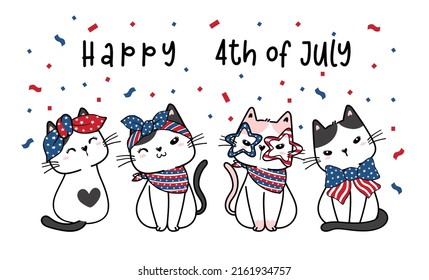 group of Happy 4th of July cute kitten cat cartoon vector