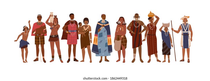 Group of happy aboriginal or indigenous people of Africa dressed in ethnic clothes isolated on white background. Men, women and children - members of African tribes. Flat vector illustration