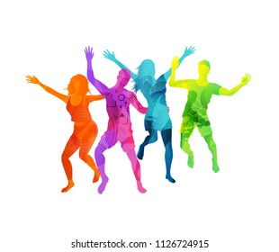 A group of happy and active young people jumping in colourful textures isolated on a white background. Vector illustration.