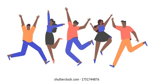 Group of happy african people in casual clothes. Men and women are jumping. Celebration. Vector flat illustration.