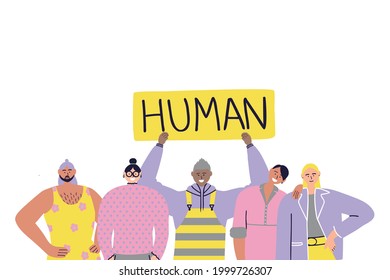 Group of happy androgynous transgender people. Gender neutrality concept, genderqueer. LGBTQ+ friendly society. Pride and freedom concept. Vector hand drawn flat illustration.