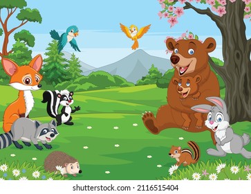 Viñeta de un grupo de animales felices en la jungla